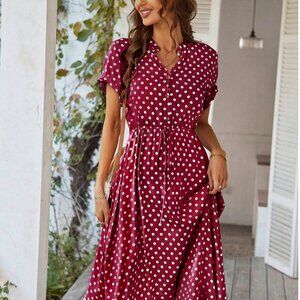 Polka Dot Short Sleeve Button Front Shirt Dress, Burgundy, M/6